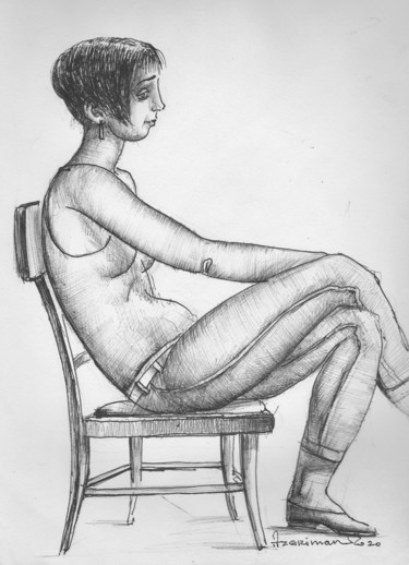 Peinture intitulée "A sitting girl-2" par Azeriman, Œuvre d'art originale, Stylo à bille
