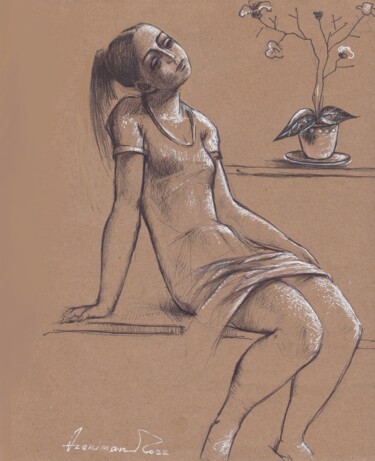 Dessin intitulée "Girl with a pot of…" par Azeriman, Œuvre d'art originale, Stylo gel