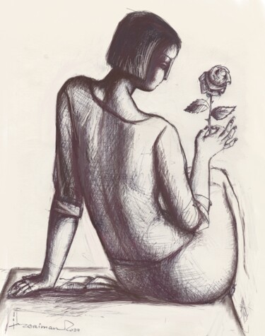 Drawing titled "Girl with a rose" by Azeriman, Original Artwork, Ink