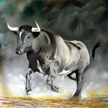 Peinture intitulée "Taureau Camarguais 2" par Sylvestre Aznar, Œuvre d'art originale, Huile