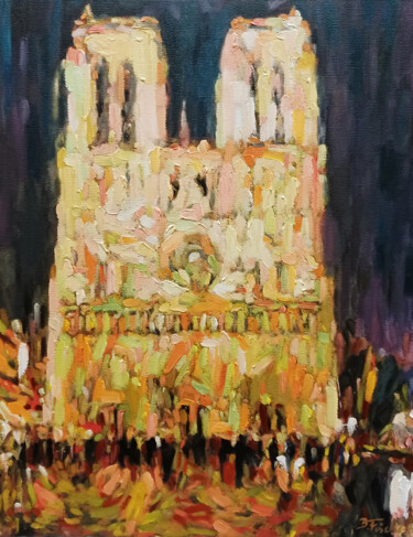 Schilderij getiteld "Notre Dame bei Nacht" door B Fischer, Origineel Kunstwerk, Olie