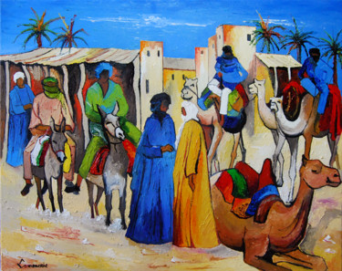 Painting titled "L'arrivée de la car…" by Bernard Lamonerie, Original Artwork, Oil Mounted on Wood Stretcher frame