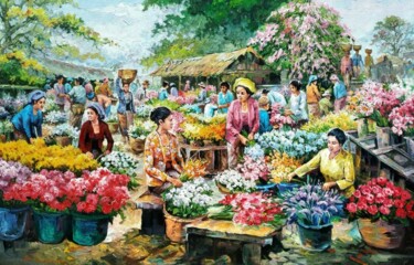 Pintura intitulada "Flower Market" por B. Santoso, Obras de arte originais, Acrílico