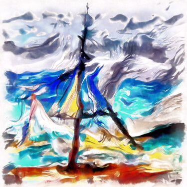 Digital Arts titled "Sails boat in a rou…" by Bachir Reddioui, Original Artwork, Digital Painting