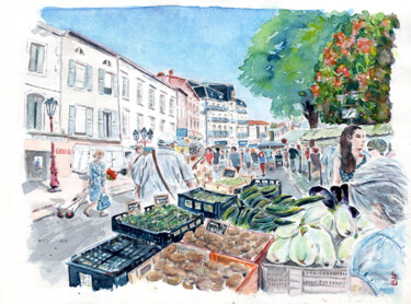 Pintura intitulada "Le marché de Mazamet" por Baf, Obras de arte originais, Aquarela