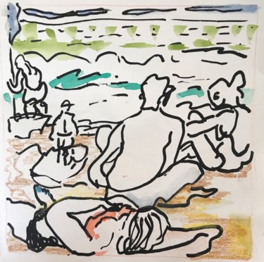 Disegno intitolato "Au bord de la mer 3" da Françoise Bagnéres, Opera d'arte originale, Pennarello Montato su Altro pannello…