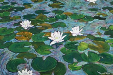 Painting titled "Water Lillies" by Bahram Berj Kafai, Original Artwork, Oil Mounted on Wood Stretcher frame