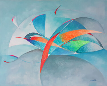 Painting titled "Colibrí 23" by Cabria, Original Artwork, Acrylic Mounted on Wood Stretcher frame