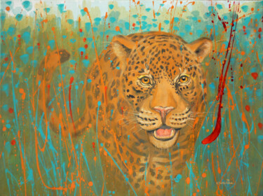 Painting titled "Rey Jaguar" by Cabria, Original Artwork, Acrylic Mounted on Wood Stretcher frame