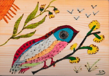 Druckgrafik mit dem Titel "oiseau multicolor s…" von Balavoine Sophie, Original-Kunstwerk, Gravur Auf Keilrahmen aus Holz mo…