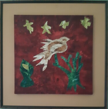 Κολάζ με τίτλο "oiseau tissu" από Balavoine Sophie, Αυθεντικά έργα τέχνης, Ύφασμα Τοποθετήθηκε στο Χαρτόνι