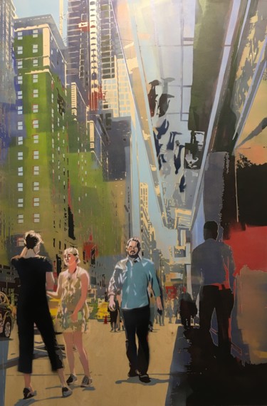 Schilderij getiteld "Broadway Sunday" door Zsombor Barakonyi, Origineel Kunstwerk, Acryl Gemonteerd op Houten paneel