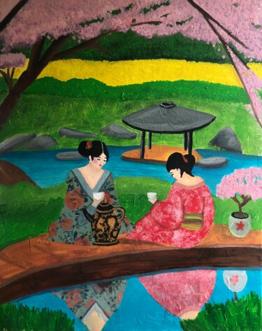 Painting titled "Teatime in Kyoto" by Barbara Friehs, Original Artwork, Acrylic Mounted on Wood Stretcher frame