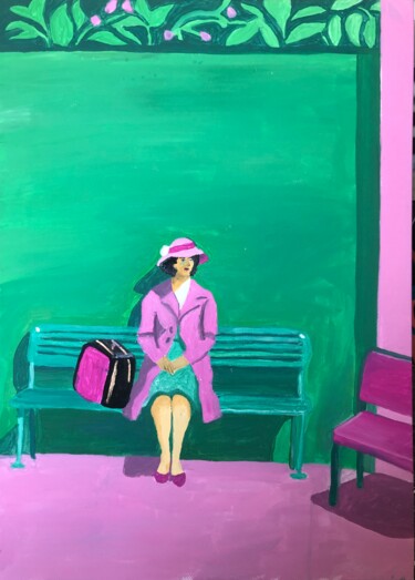 Painting titled "Waiting for the bus" by Barbara Friehs, Original Artwork, Acrylic Mounted on Wood Stretcher frame