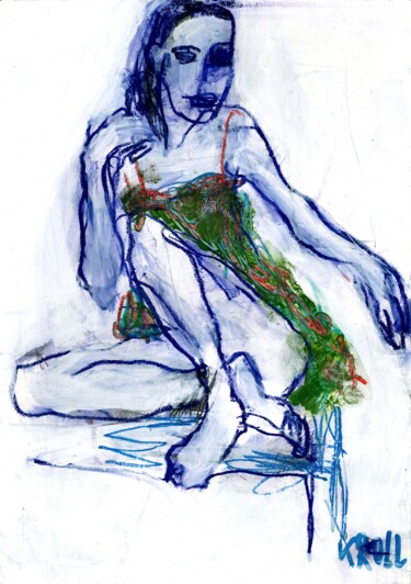 Рисунок под названием "Sitzende im grünen…" - Barbara Kroll, Подлинное произведение искусства, Цветные карандаши