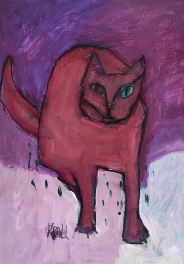 Zeichnungen mit dem Titel "Lila Katze" von Barbara Kroll, Original-Kunstwerk, Acryl