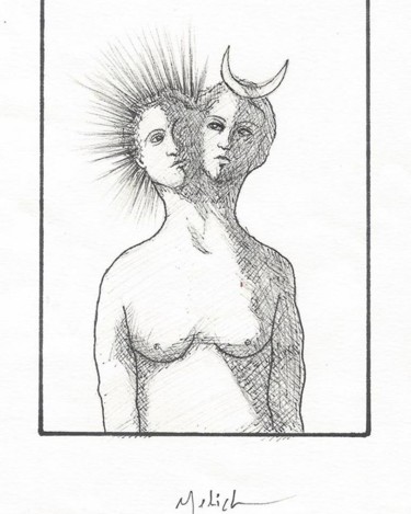 Dessin intitulée "Sun and Moon" par Barbara Melich, Œuvre d'art originale, Stylo à bille
