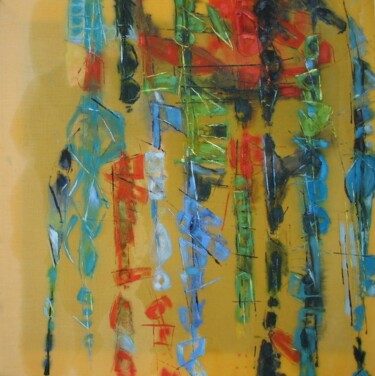Painting titled "Yellow Jazz, Thème C" by Barbara Piatti, Original Artwork, Oil Mounted on Wood Stretcher frame