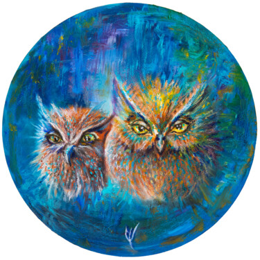 Painting titled "Funny round owls" by Barbara Orsolini, Original Artwork, Oil