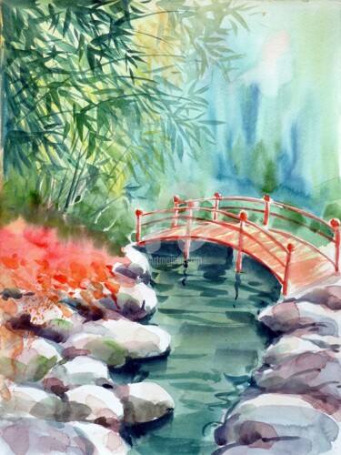 Painting titled "Le petit pont" by Karmailo, Original Artwork, Watercolor