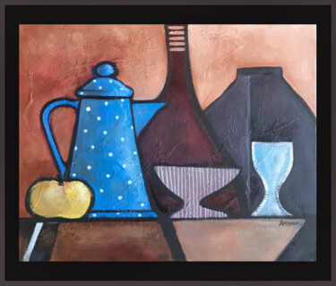 Картина под названием "La cafetière bleue" - René Barranco, Подлинное произведение искусства, Масло Установлен на Деревянная…
