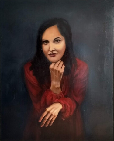 Painting titled "Lady in Red     (SO…" by Bart Van Zweeden, Original Artwork, Oil