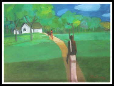 Malarstwo zatytułowany „The Village - Going…” autorstwa Basil Cooray, Oryginalna praca, Olej Zamontowany na Drewniana rama n…