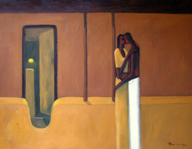 Painting titled "A New Love - The Em…" by Basil Cooray, Original Artwork, Oil Mounted on Wood Stretcher frame