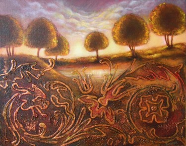 Painting titled "golden landscape" by Natalia Basova, Original Artwork