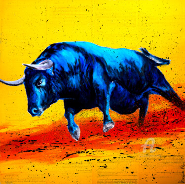 Painting titled "Animal Raging Bull…" by Bazévian Delacapucinière, Original Artwork, Oil Mounted on Wood Stretcher frame