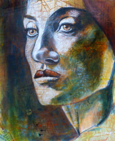 Schilderij getiteld "Fernanda" door Bernard Des Roseaux, Origineel Kunstwerk, Inkt Gemonteerd op Frame voor houten brancard