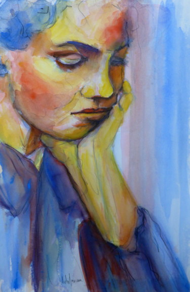 Peinture intitulée "préoccupée" par Bernard Des Roseaux, Œuvre d'art originale, Aquarelle
