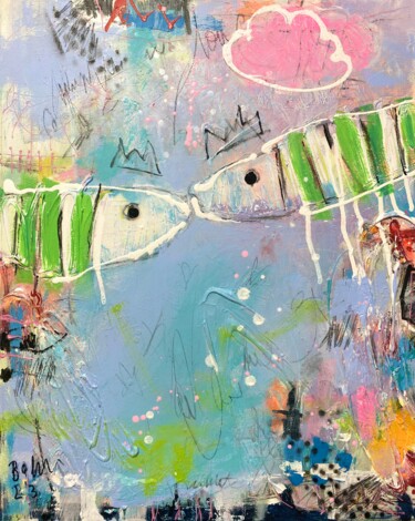 Painting titled "Fishes In Love No.7" by Beate Garding Schubert, Original Artwork, Acrylic Mounted on Wood Stretcher frame