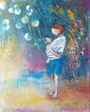 Painting titled "La mère et l'enfant" by Bea Madelenat, Original Artwork, Acrylic Mounted on Wood Stretcher frame