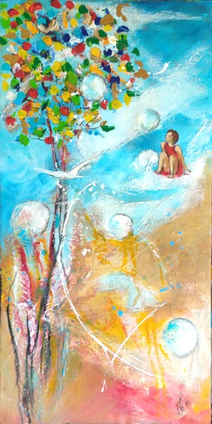 Malarstwo zatytułowany „Dans les nuages” autorstwa Bea Madelenat, Oryginalna praca, Akryl Zamontowany na Drewniana rama noszy