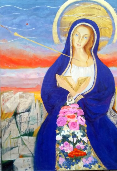 Painting titled "ANUNCIACION. VIRGEN…" by Beatriz Zucaro, Original Artwork, Oil Mounted on Wood Stretcher frame