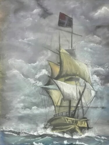 Tekening getiteld "au large" door Beatrice Auriol Besombes, Origineel Kunstwerk, Pastel