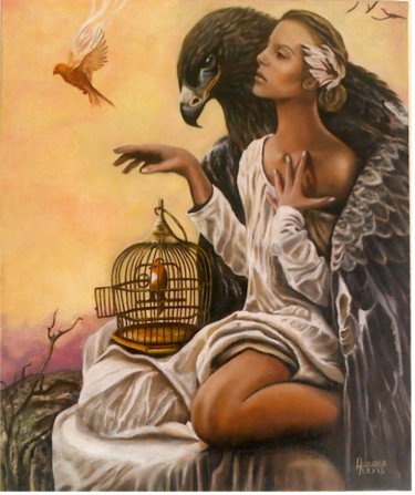 Painting titled "Femme à l'Aigle" by Aurore Alexis, Original Artwork, Oil