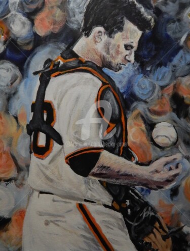 Schilderij getiteld "Buster Posey" door Becky Arner, Origineel Kunstwerk, Acryl