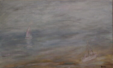 Peinture intitulée "Bateaux à marée bas…" par Belas, Œuvre d'art originale, Huile Monté sur Châssis en bois
