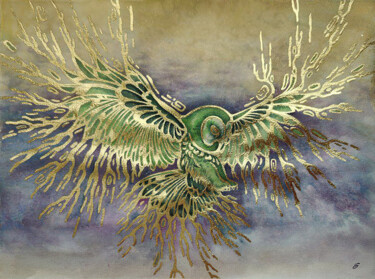 Painting titled "Green owl, watercol…" by Yulia Belasla, Original Artwork, Watercolor