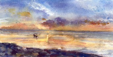 Peinture intitulée "The sea and sunset" par Yulia Belasla, Œuvre d'art originale, Aquarelle