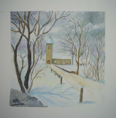 Pintura titulada "Eglise-et-neige" por Benjamin Petit, Obra de arte original, Acuarela
