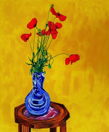 Painting titled "Les coquelicots" by Benjamin, Original Artwork, Oil Mounted on Wood Stretcher frame