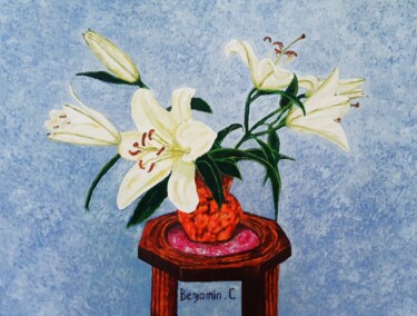 Painting titled "Le bouquet de lys" by Benjamin, Original Artwork, Oil Mounted on Wood Stretcher frame