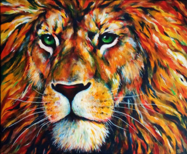 Pintura intitulada "Tableau lion de feu…" por Benoit Vinadelle, Obras de arte originais, Acrílico