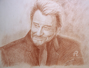 Drawing titled "Portrait de Johnny…" by Benoit Beal (3enoit 3eal), Original Artwork, Pencil Mounted on Wood Stretcher frame