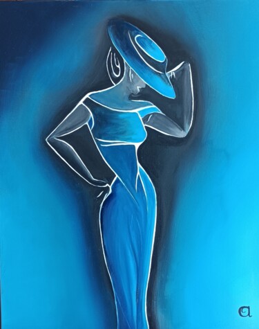 Painting titled "Dame au chapeau" by Bernard Amalric, Original Artwork, Oil Mounted on Wood Stretcher frame