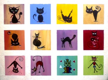 Malerei mit dem Titel "Les douze chats." von Bernard Courtalon (courtaloni), Original-Kunstwerk, Acryl