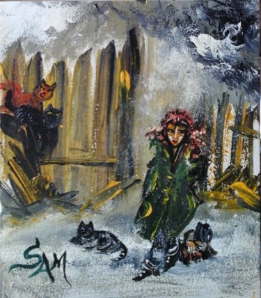 Pittura intitolato "L' HIVER DANS LA RU…" da Sam De Beauregard, Opera d'arte originale, Gouache